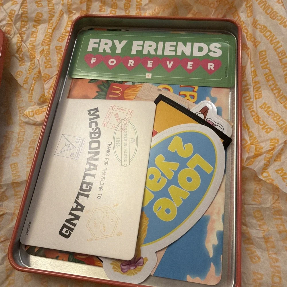 New McDonaldland Fry Friends Tin Collectible Passport Stickers Postcards 2025